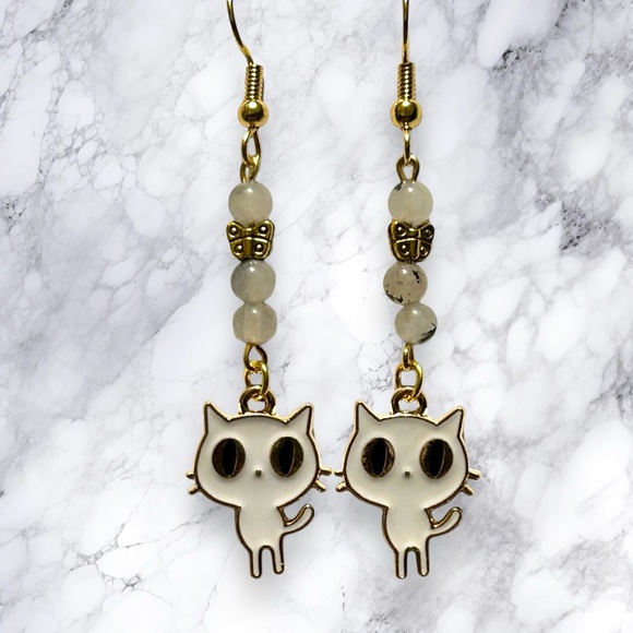 Hand Crafted Earring Cats Tourmaline Quartz Kitty White Butterfly - Picture 5 of 8